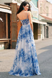 White Blue Flower Printed Corset A Line Long Formal Dress with Slit