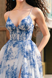 White Blue Flower Printed Corset A Line Long Formal Dress with Slit