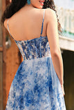 White Blue Flower Printed Corset A Line Long Formal Dress with Slit