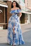 White Blue Floral Ruffled Long Formal Dress with Slit