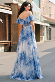 White Blue Floral Ruffled Long Formal Dress with Slit