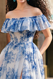 White Blue Floral Ruffled Long Formal Dress with Slit