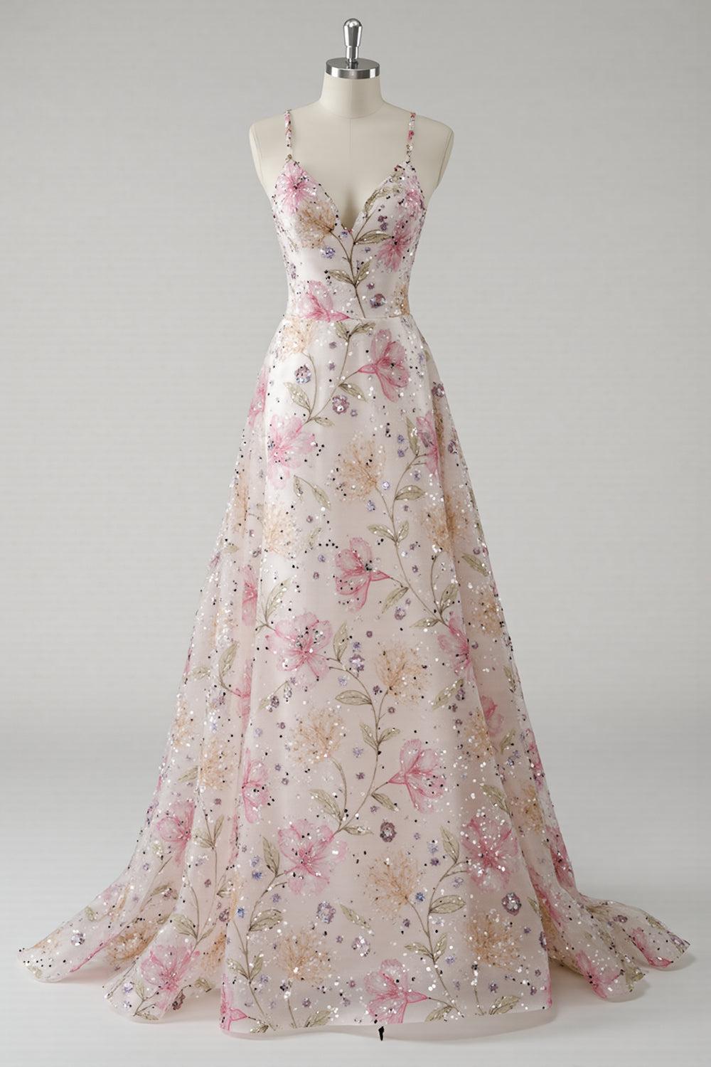 Sparkly Pink V Neck Floral Spaghetti Straps A Line Long Formal Dress