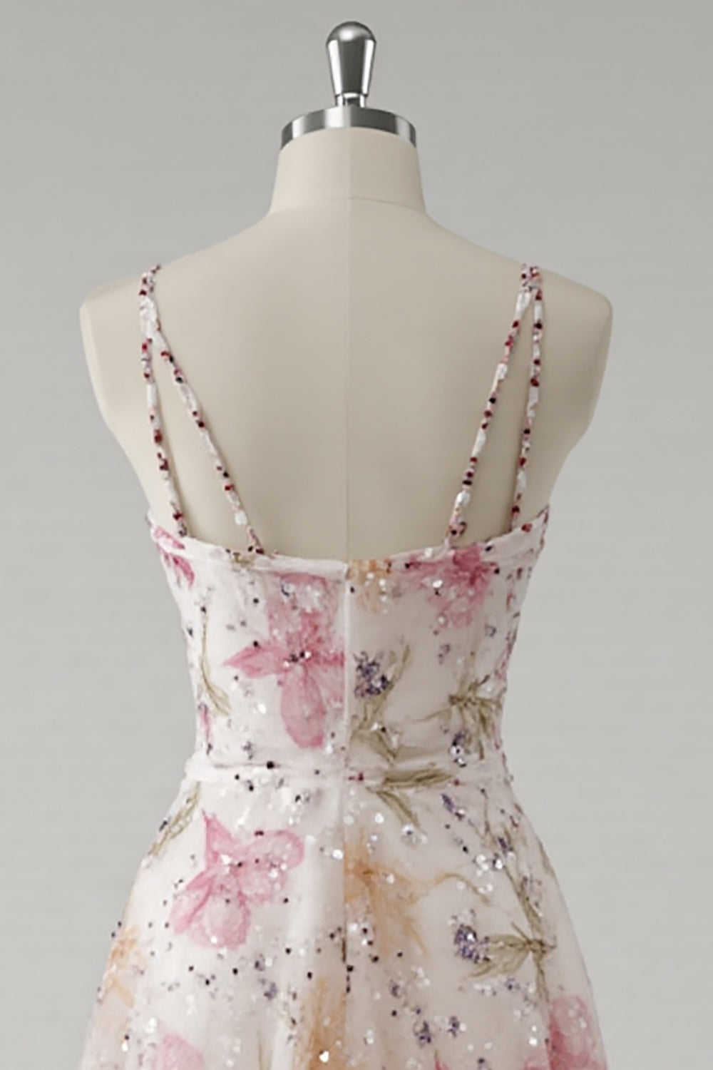 Sparkly Pink V Neck Floral Spaghetti Straps A Line Long Formal Dress