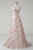 Sparkly Pink V Neck Floral A Line Long Formal Dress with Sequins