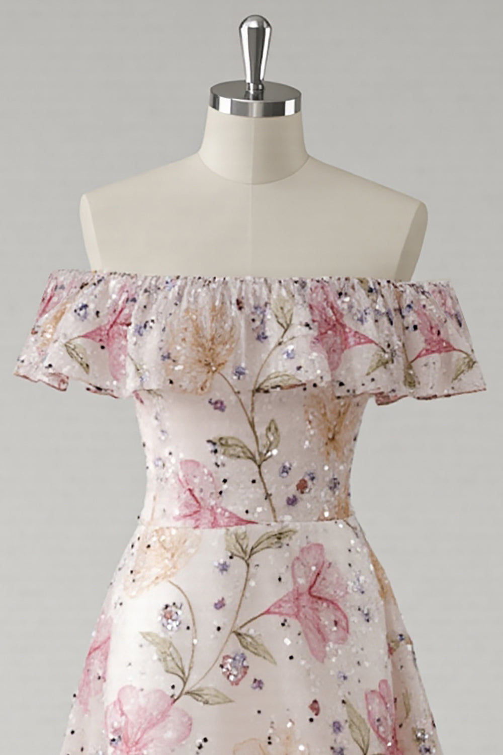 Sparkly Pink Ruffled Off the Shoulder Floral A Line Long Formal Dress