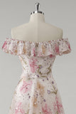 Sparkly Pink Ruffled Off the Shoulder Floral A Line Long Formal Dress