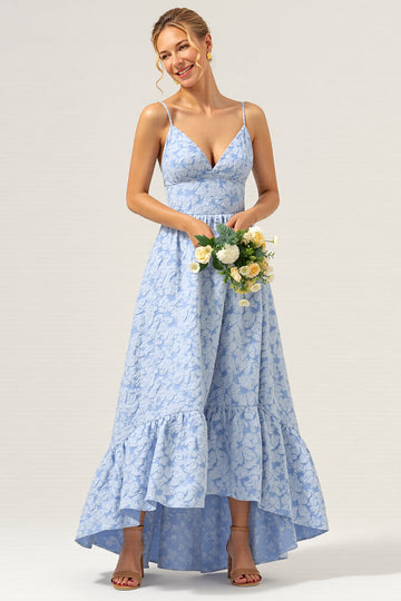 Blue Floral A Line Spaghetti Straps Long Bridesmaid Dress