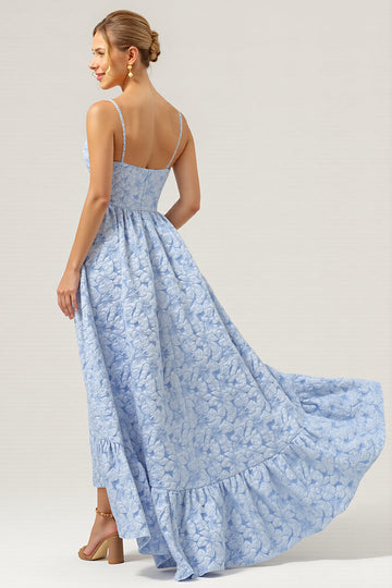 Blue Floral A Line Spaghetti Straps Long Bridesmaid Dress