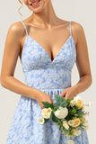 Blue Floral A Line Spaghetti Straps Long Bridesmaid Dress