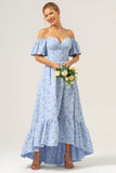 Off The Shoulder Blue Ruffled Bridesmaid Dress with Sleeves