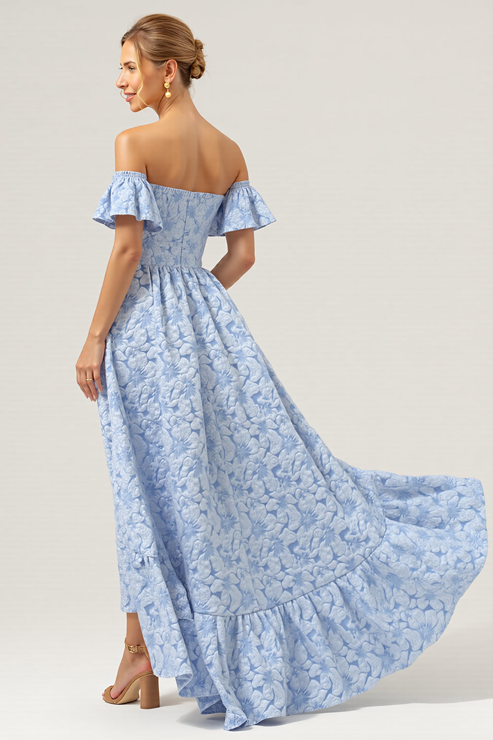 Off The Shoulder Blue Ruffled Bridesmaid Dress with Sleeves