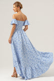 Off The Shoulder Blue Ruffled Bridesmaid Dress with Sleeves