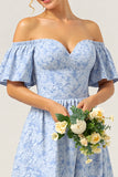 Off The Shoulder Blue Ruffled Bridesmaid Dress with Sleeves