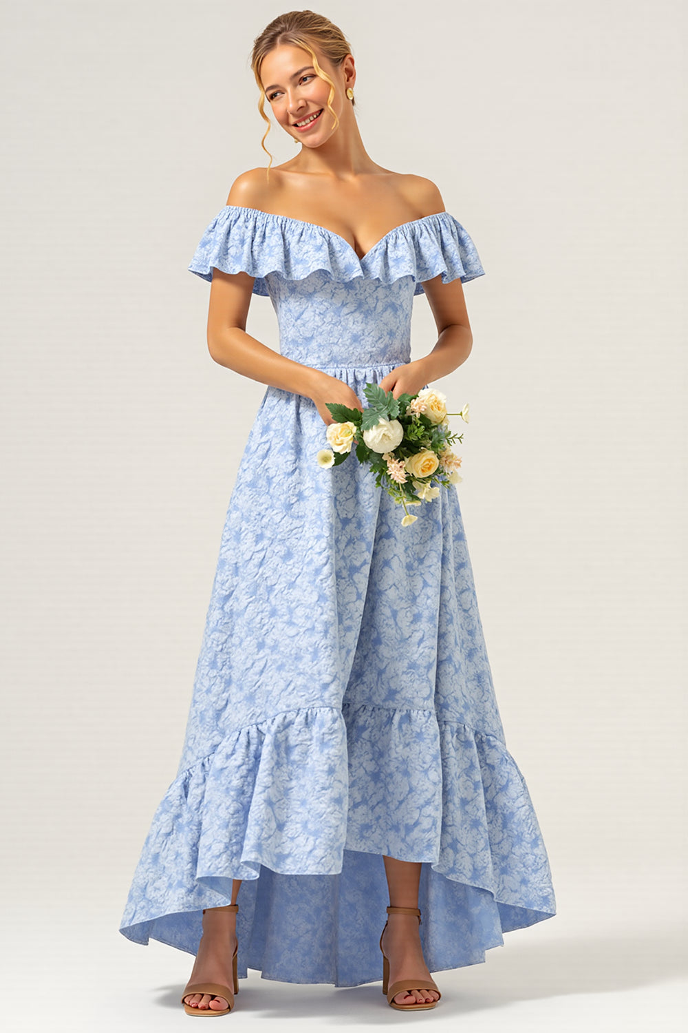 Blue Floral Off The Shoulder High-Low A Line Bridesmaid Dress