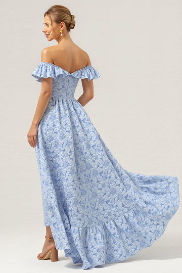 Blue Floral Off The Shoulder High-Low A Line Bridesmaid Dress