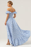 Blue Floral Off The Shoulder High-Low A Line Bridesmaid Dress