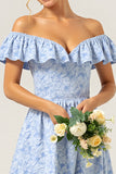 Blue Floral Off The Shoulder High-Low A Line Bridesmaid Dress