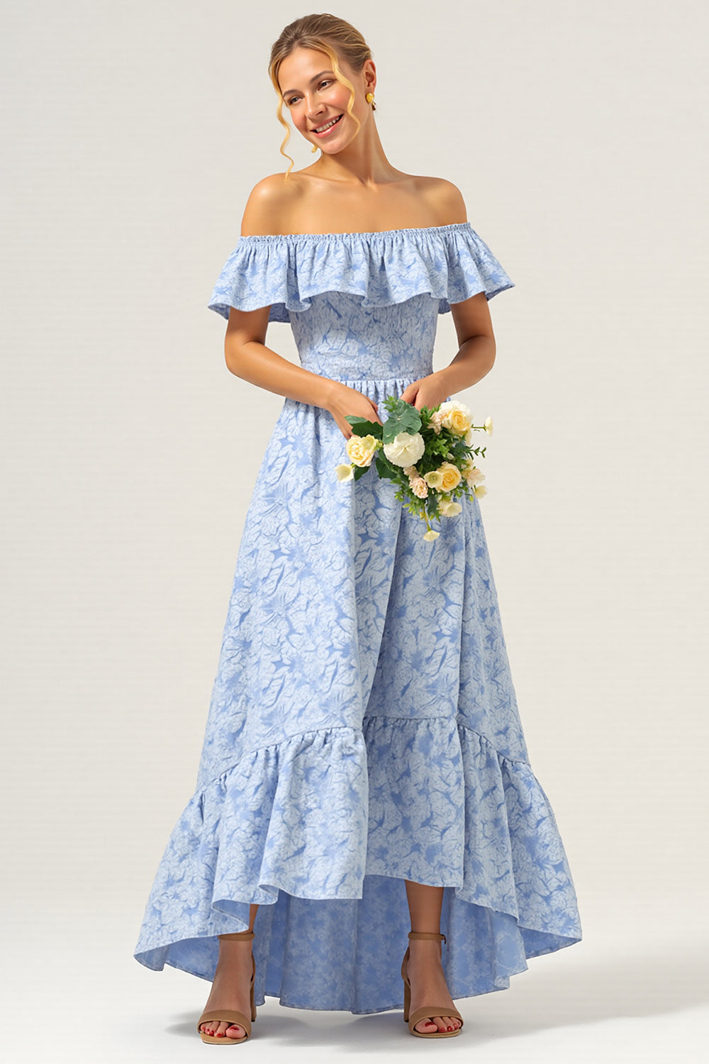 Off The Shoulder Ruffled Blue High Low Bridesmaid Dress