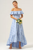 Off The Shoulder Ruffled Blue High Low Bridesmaid Dress