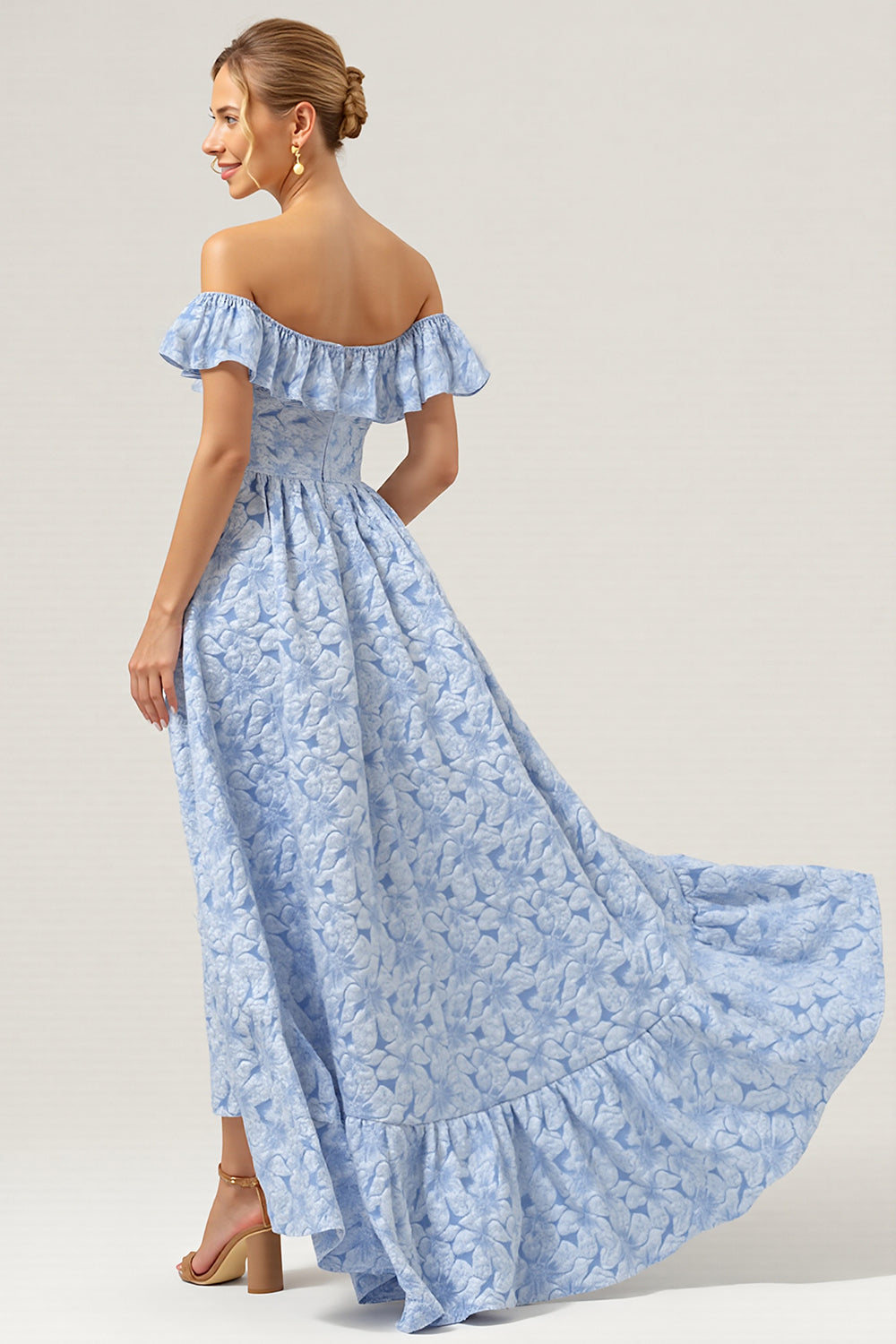 Off The Shoulder Ruffled Blue High Low Bridesmaid Dress