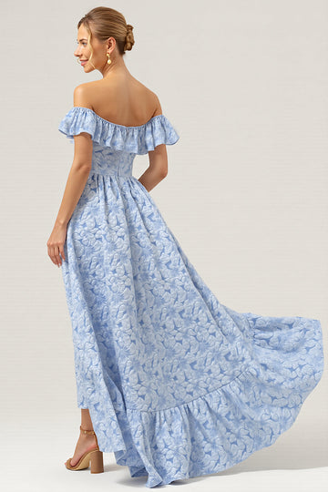 Off The Shoulder Ruffled Blue High Low Bridesmaid Dress