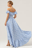 Off The Shoulder Ruffled Blue High Low Bridesmaid Dress