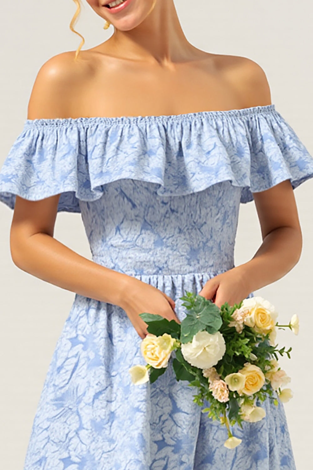 Off The Shoulder Ruffled Blue High Low Bridesmaid Dress
