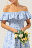 Off The Shoulder Ruffled Blue High Low Bridesmaid Dress