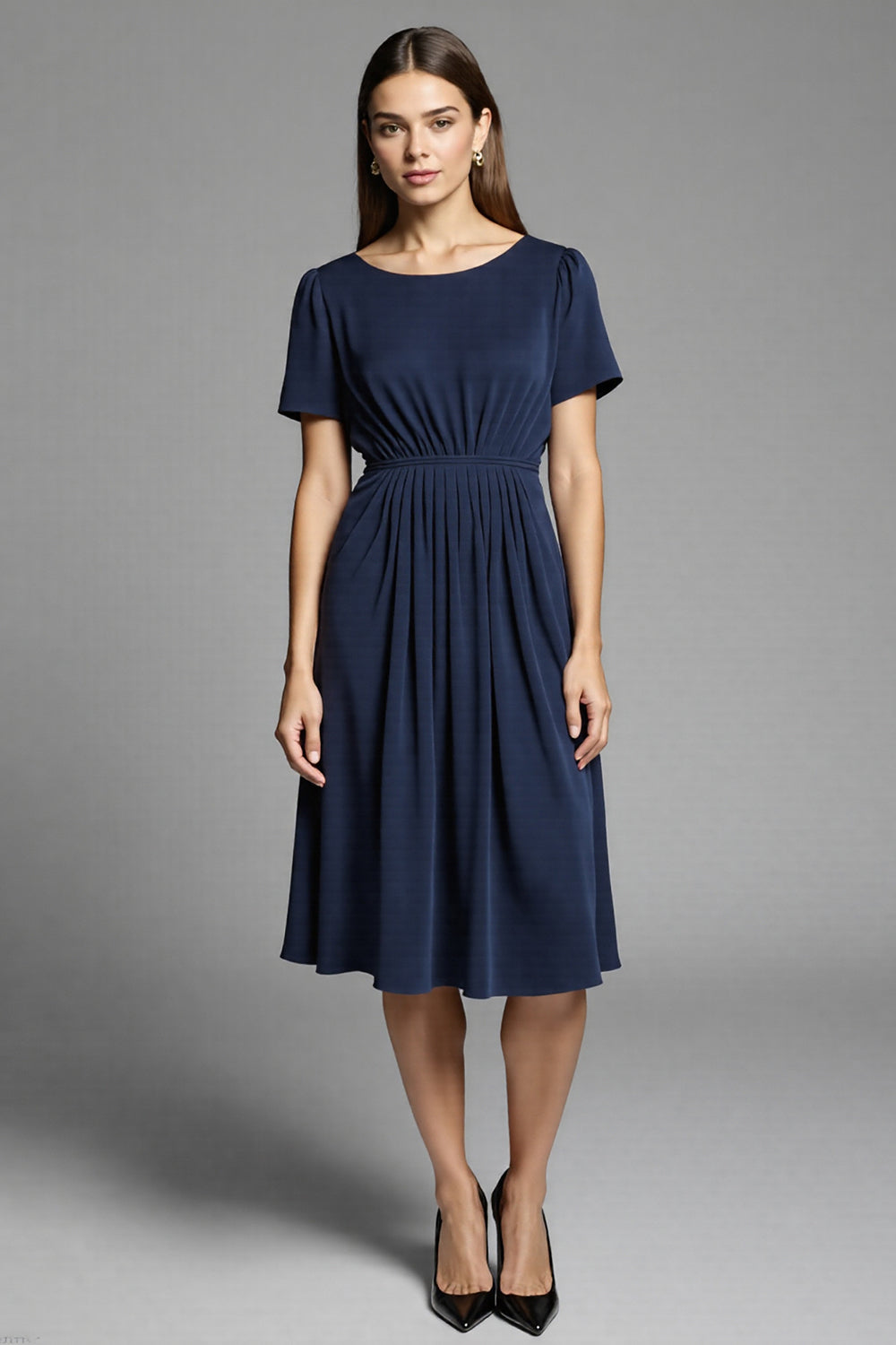 Simple Navy A Line Round Neck Short Sleeves Midi Work Dress