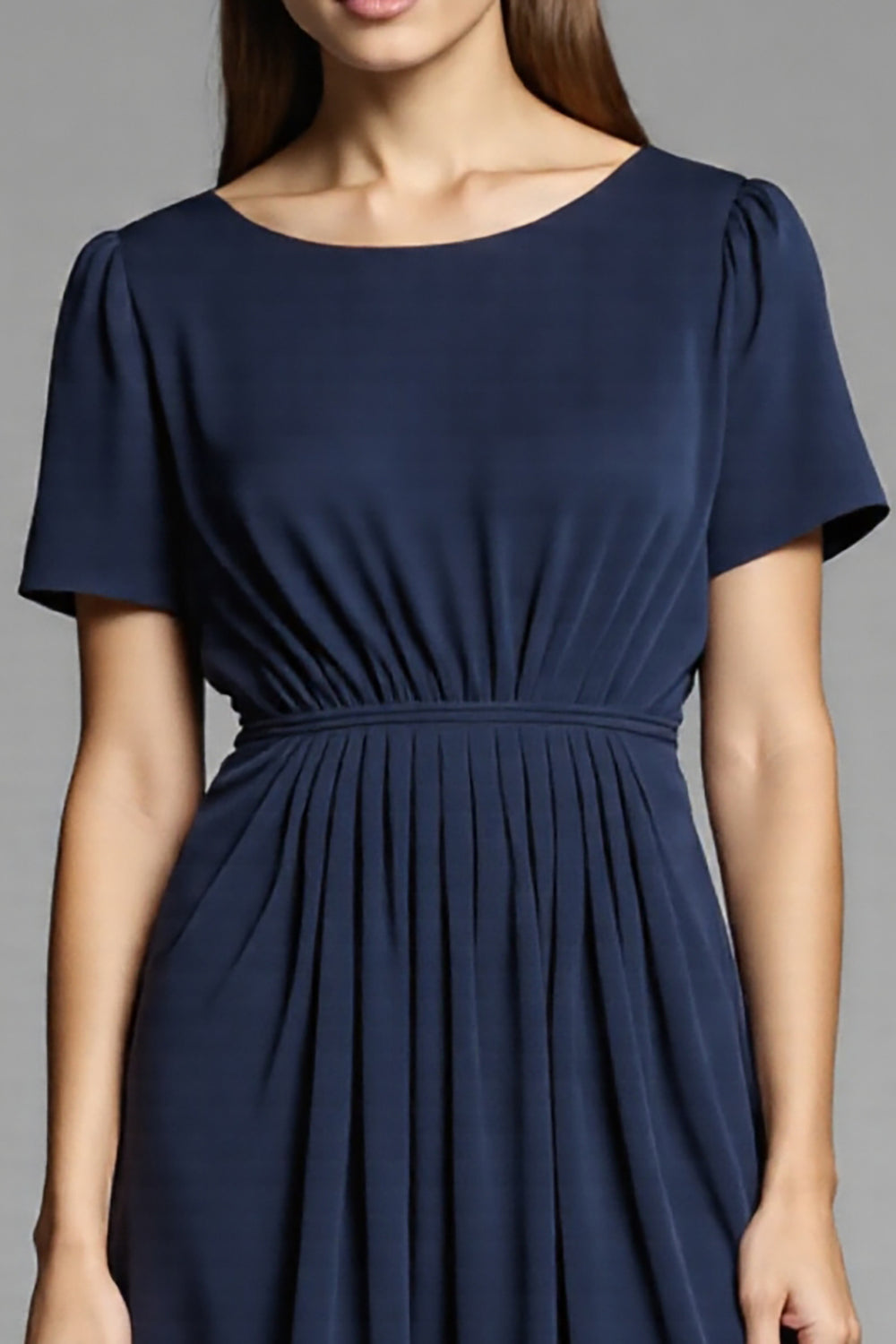 Simple Navy A Line Round Neck Short Sleeves Midi Work Dress