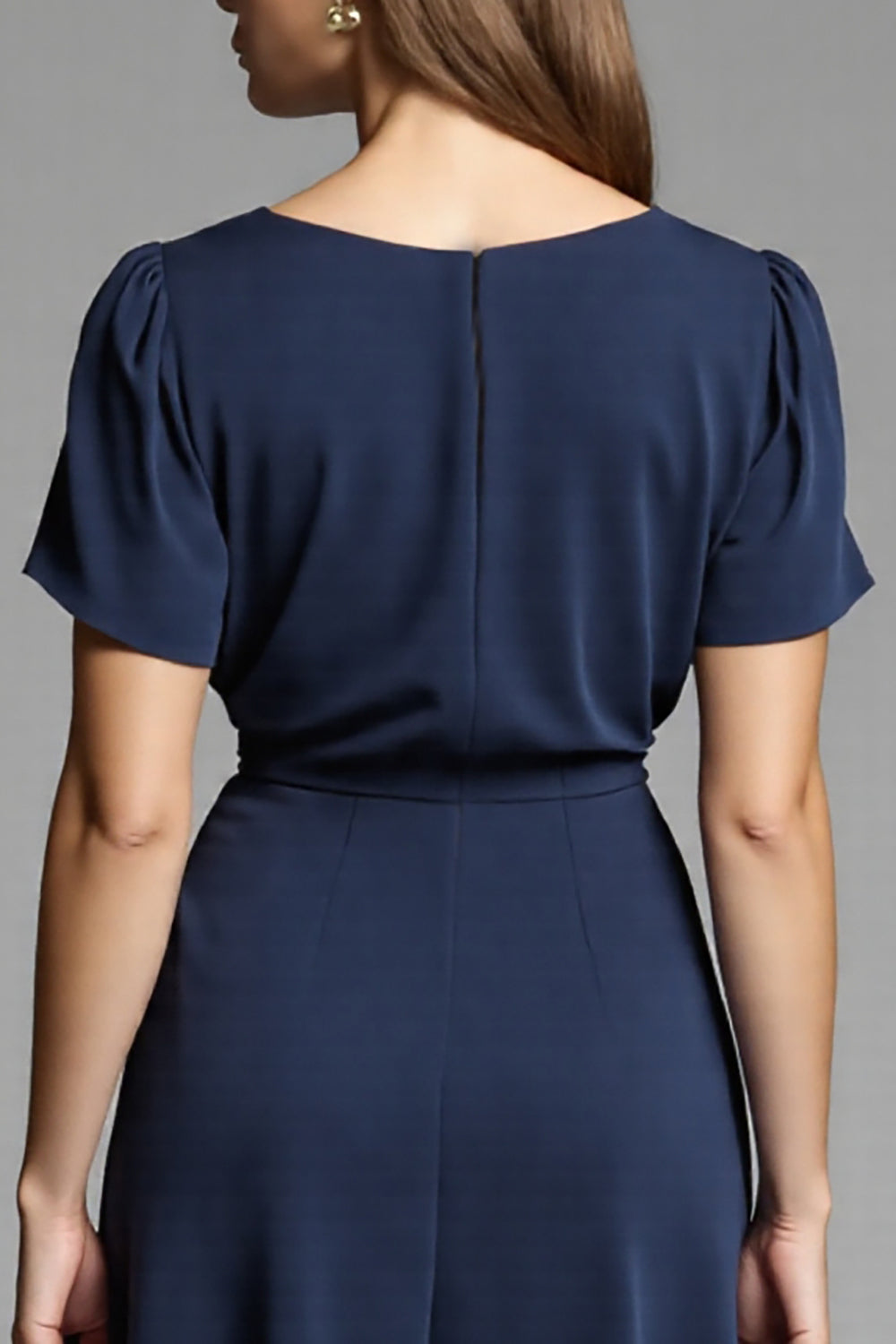 Simple Navy A Line Round Neck Short Sleeves Midi Work Dress