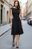 Black Satin A Line Cap Sleeves Boat Neck Midi Work Dress