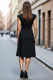 Black Satin A Line Cap Sleeves Boat Neck Midi Work Dress