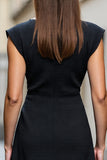Black Satin A Line Cap Sleeves Boat Neck Midi Work Dress