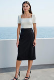 Ivory and Black Satin Square Neck Midi Short Sleeves Work Dress
