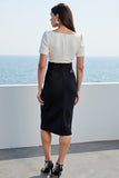 Ivory and Black Satin Square Neck Midi Short Sleeves Work Dress