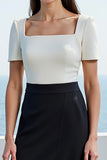 Ivory and Black Satin Square Neck Midi Short Sleeves Work Dress