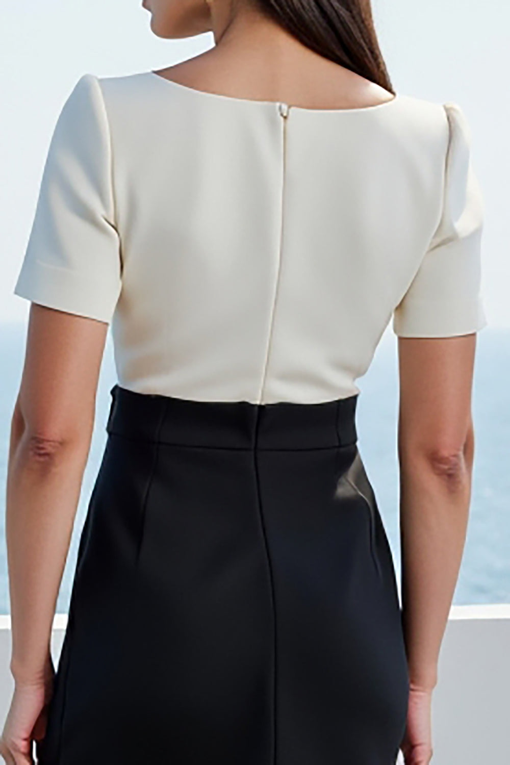 Ivory and Black Satin Square Neck Midi Short Sleeves Work Dress