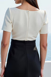 Ivory and Black Satin Square Neck Midi Short Sleeves Work Dress