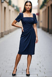 Navy Short Sleeves Ruched Square Neck Satin Midi Work Dress