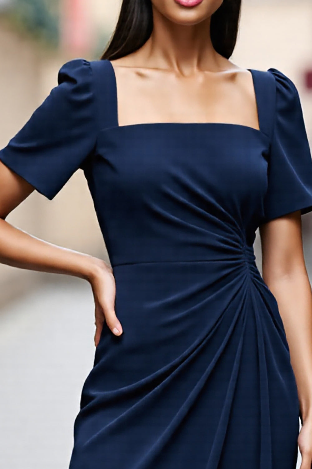 Navy Short Sleeves Ruched Square Neck Satin Midi Work Dress