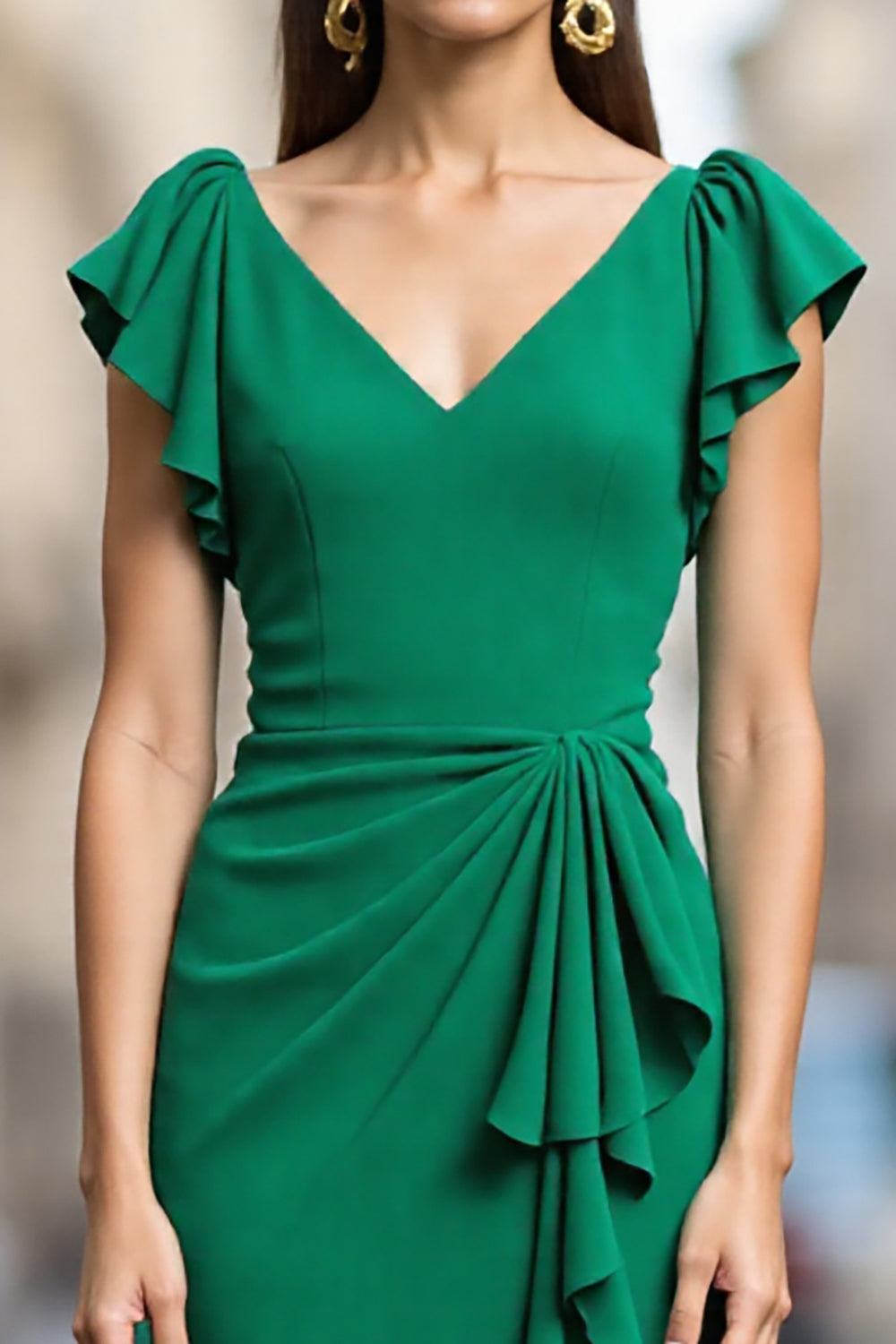 Green Satin Bodycon V-Neck Ruffled Midi Work Dress with Drape
