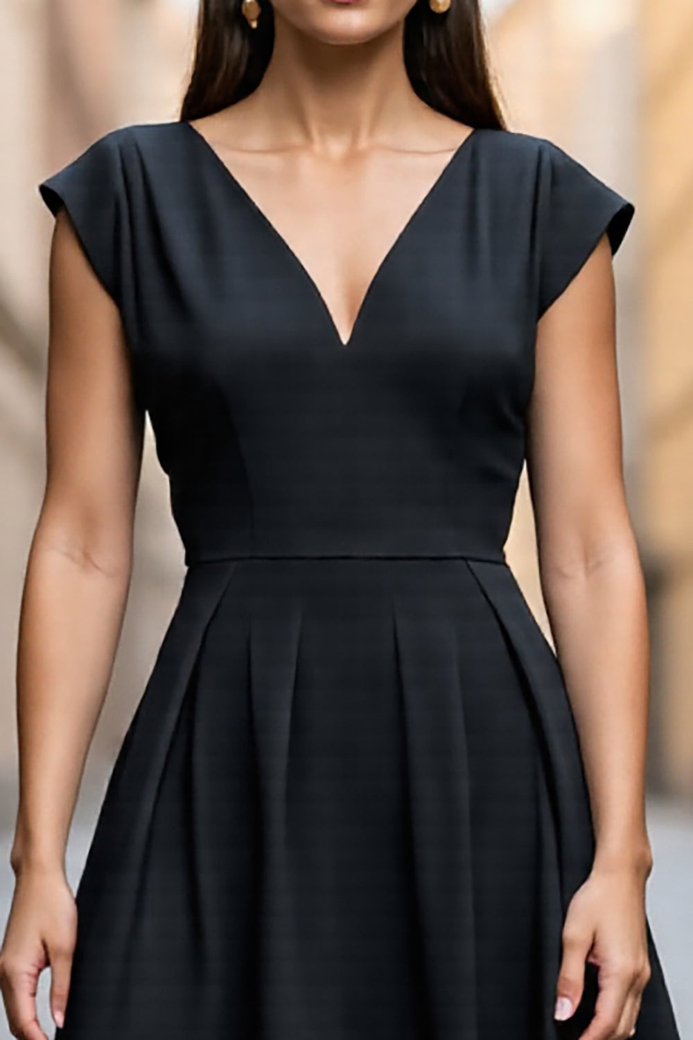 Black A Line Satin Cap Sleeves Midi V-Neck Work Dress