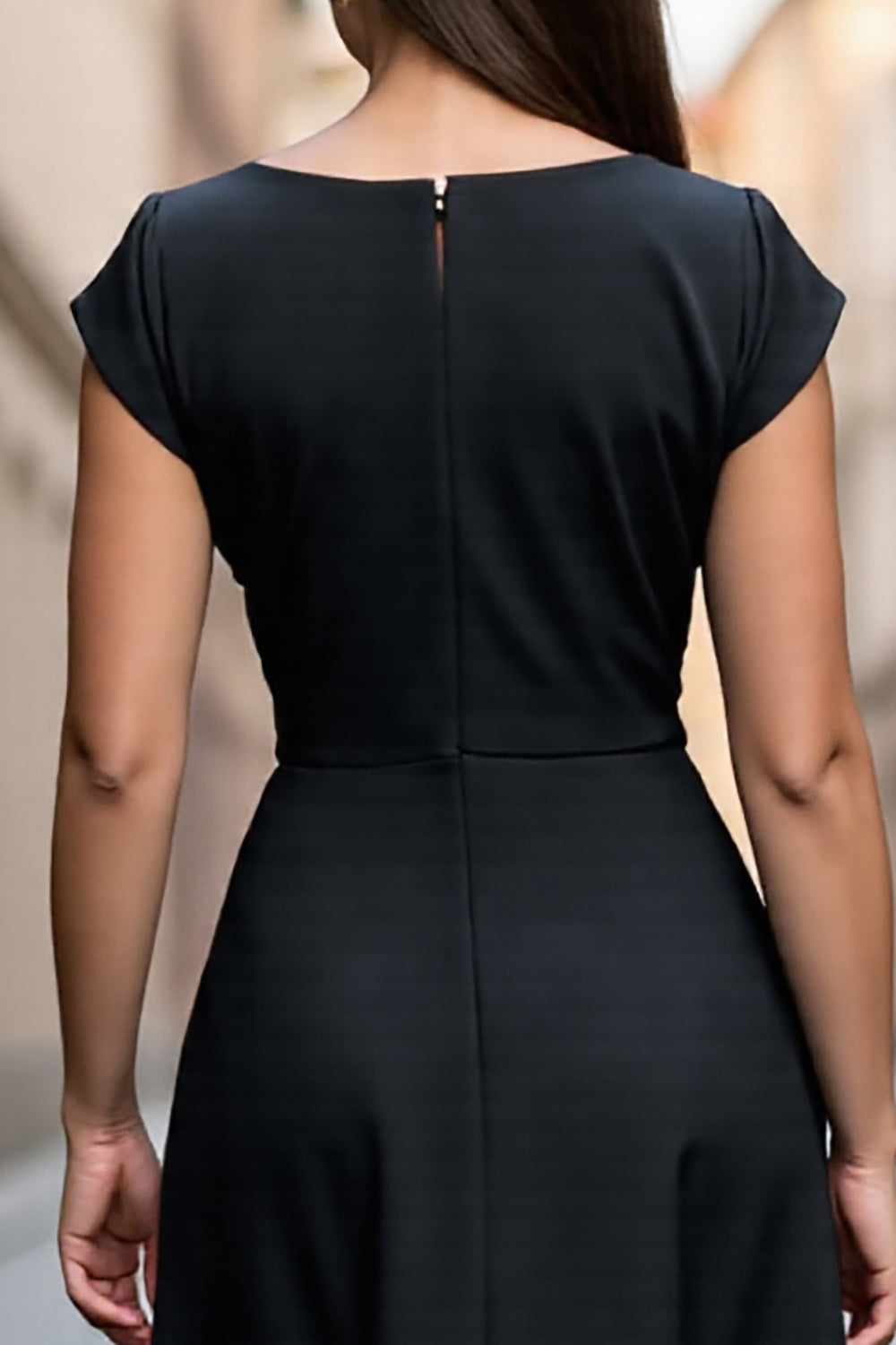 Black A Line Satin Cap Sleeves Midi V-Neck Work Dress