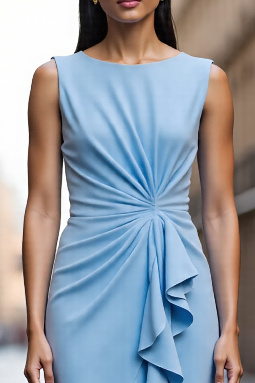 Satin Sky Blue Sheath Ruched Long Work Dress with Ruffles