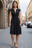 A Line Black Satin V-Neck Cap Sleeves Midi Work Dress