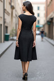 A Line Black Satin V-Neck Cap Sleeves Midi Work Dress