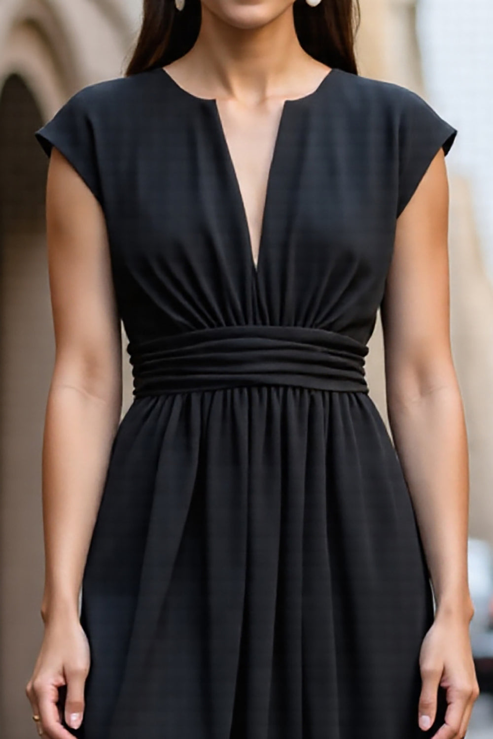 A Line Black Satin V-Neck Cap Sleeves Midi Work Dress