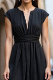 A Line Black Satin V-Neck Cap Sleeves Midi Work Dress